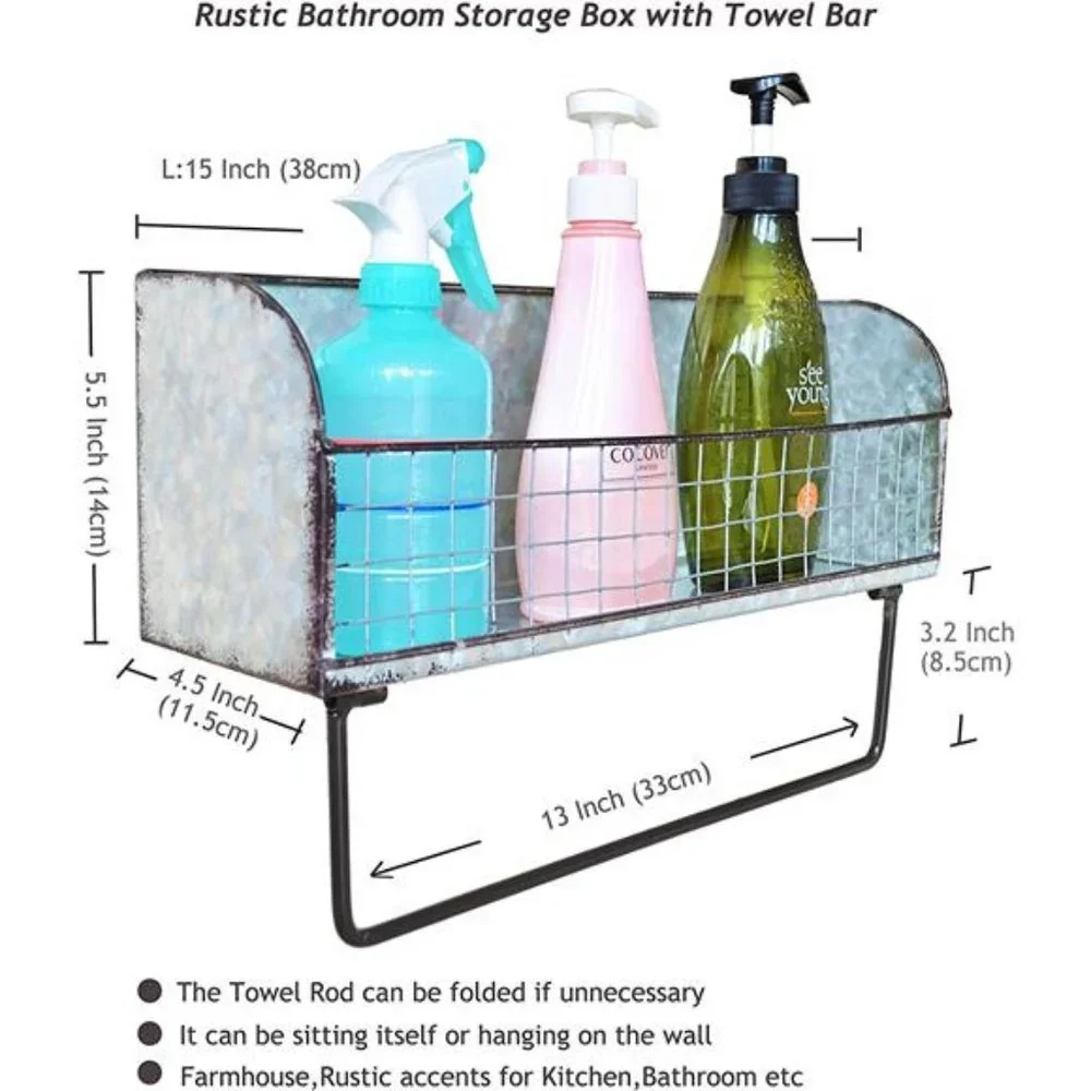 ShabbyDecor Galvanized Metal Bathroom Storage Box with Rustic Toilet Towel Bar